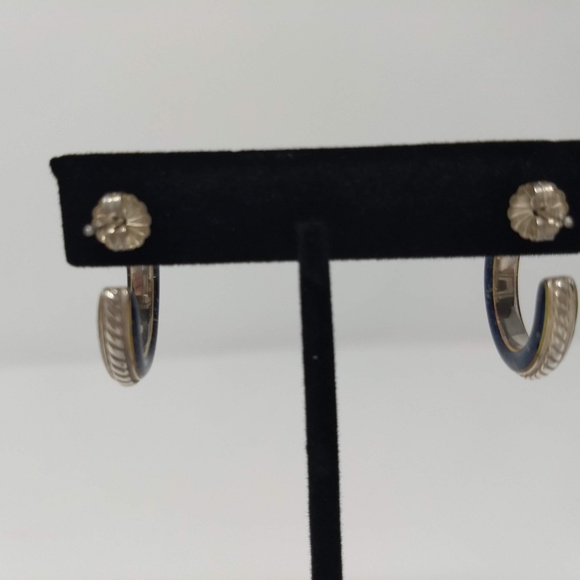 STERLING SILVER/LAPIS INLAY POST HOOP EARRINGS - Picture 6 of 8